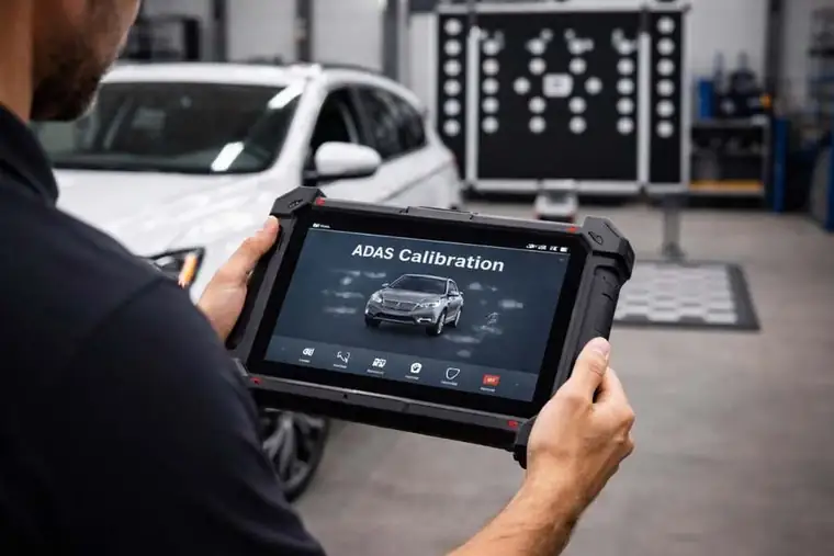 ADAS calibration Houston technician using diagnostic tablet and target board