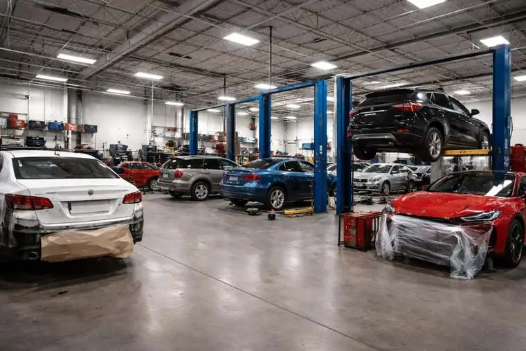 Body shop repair Houston service bays with multiple vehicles under repair