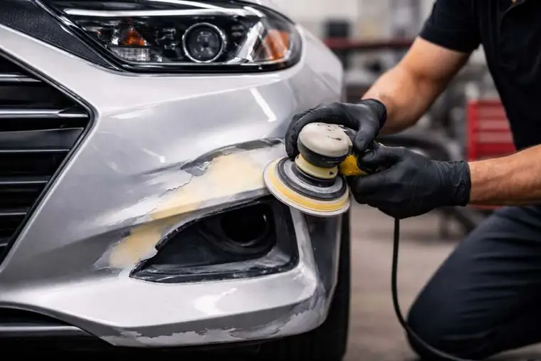 Bumper repair Houston technician sanding front bumper damage