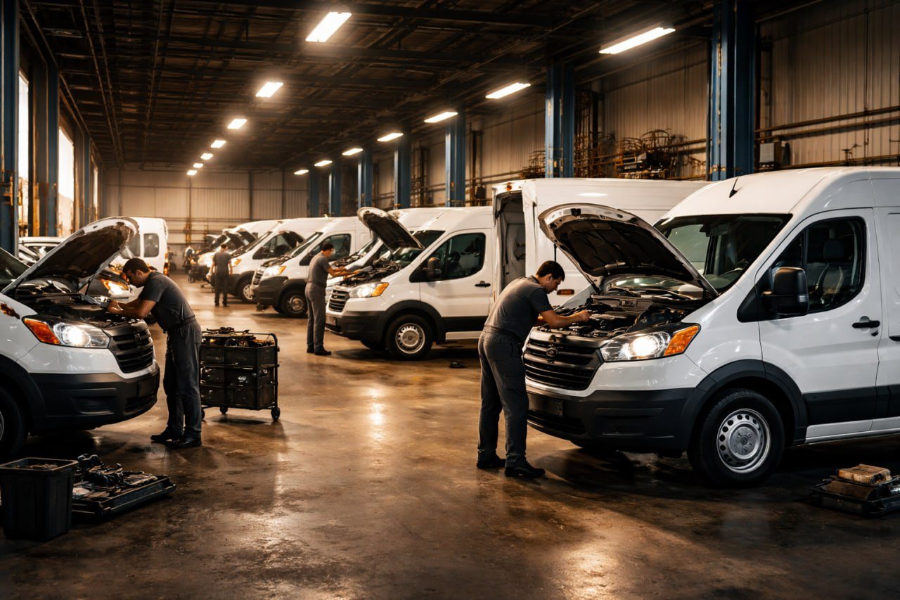 Commercial fleet vans in a Houston service facility undergoing repair and maintenance
