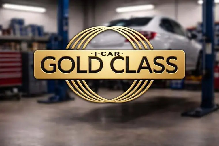 I-CAR Gold Class collision repair certification badge in auto body shop