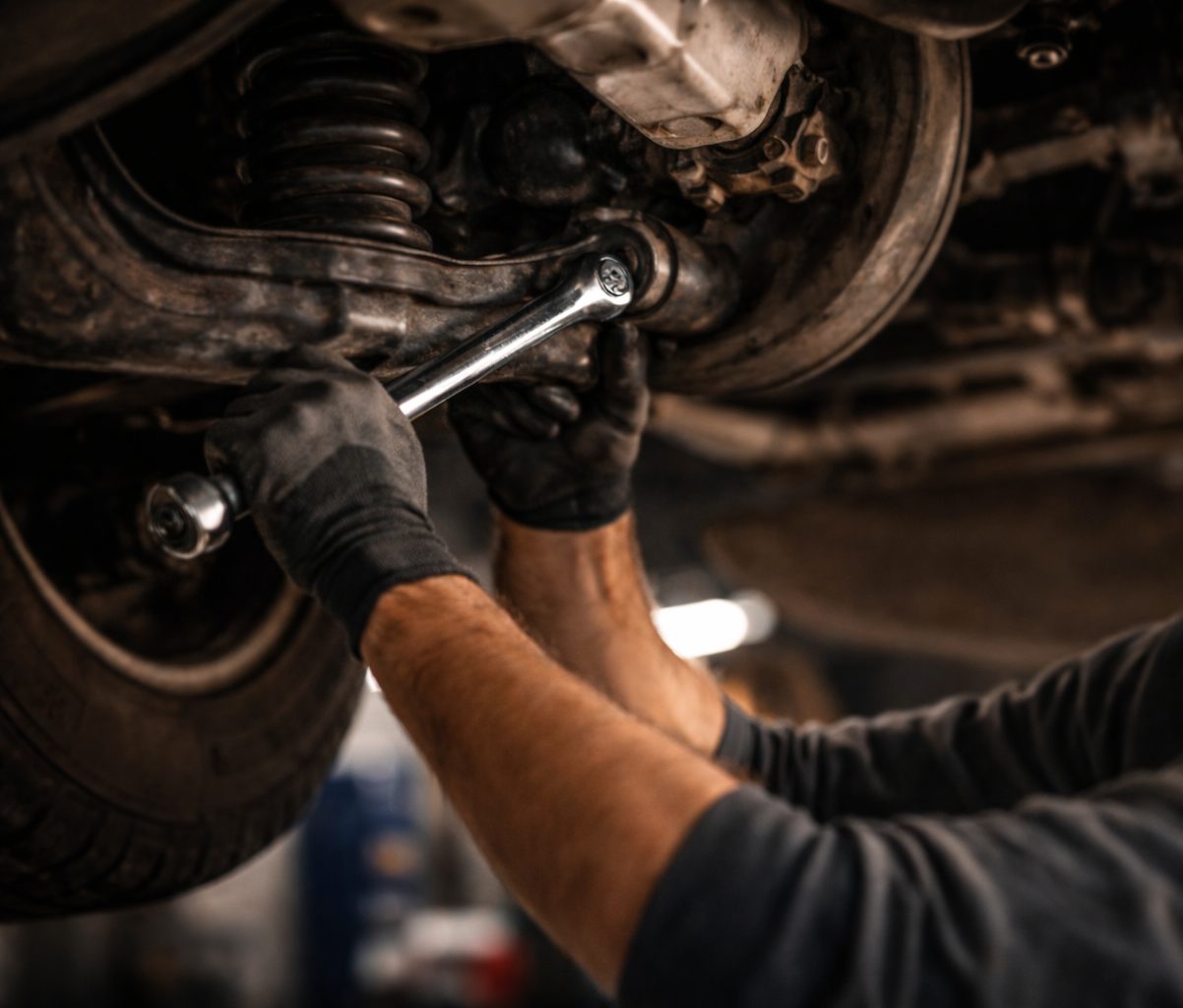 Mechanical repair Houston technician inspecting under-vehicle components after collision damage