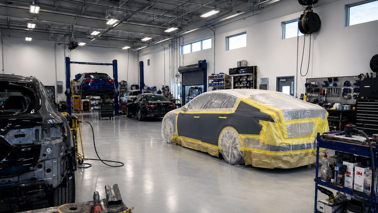 Body shop Houston collision repair facility with vehicles undergoing auto body repair and paint work